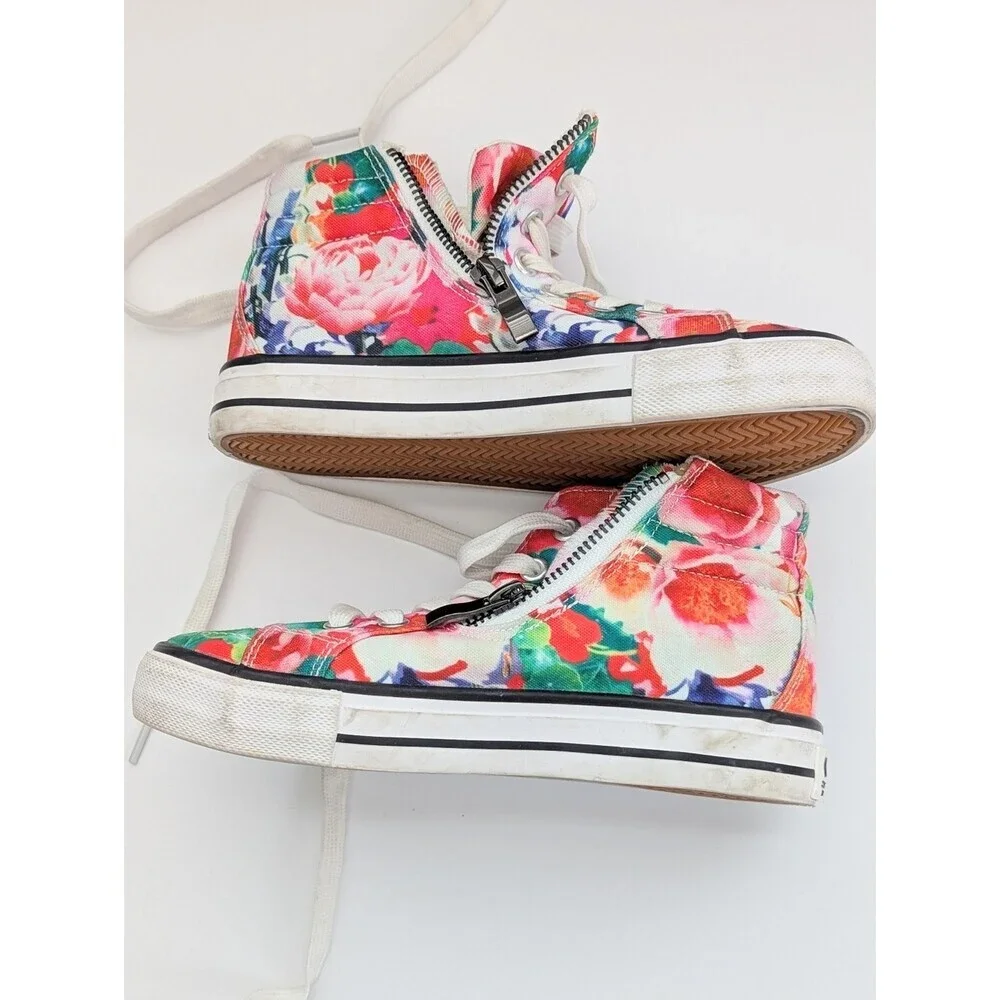 Girls' (Size 1) Floral Canvas High-Top Sneakers/Shoes w/Laces & Side Zippers
